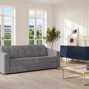 Vierzitsslaapbank express in grijs getextureerde stof 160 cm matras 18 cm DARIELO