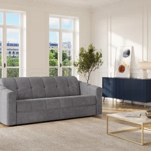 Driezitsslaapbank express in grijze structuurstof 140 cm matras 14 cm DARIELO