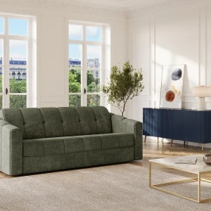 Vierzitsslaapbank express in groen kakikleurige stof brede latten 160 cm – 14 cm DARIELO