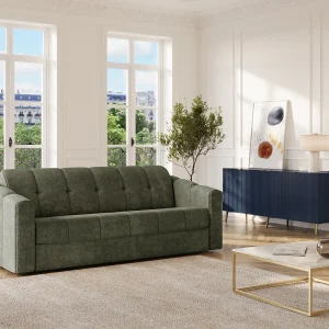 Driezitsslaapbank express in groen kaki textuurstof 140 cm matras 18 cm DARIELO Driezitsslaapbank express in groen kaki textuurstof 140 cm matras 18 cm DARIELO