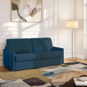 Sneluitklapbare slaapbank nachtblauw stof traagschuim zitting 120 cm matras 18 cm CALIFE Sneluitklapbare slaapbank nachtblauw stof traagschuim zitting 120 cm matras 18 cm CALIFE