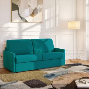Slaapbank turquoise blauwe stof traagschuim zitting 140 cm brede latten 14 cm CALIFE Slaapbank turquoise blauwe stof traagschuim zitting 140 cm brede latten 14 cm CALIFE