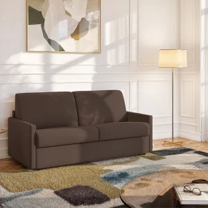 Slaapbank in bruine stof met traagschuim zitting 140 cm brede latten 18 cm CALIFE Slaapbank in bruine stof met traagschuim zitting 140 cm brede latten 18 cm CALIFE