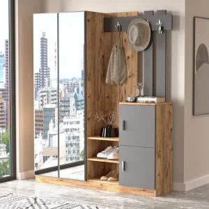 Design Halmeubel Hout en Grijs met Spiegel Anka – Ruime en Elegante Opbergruimte Design Halmeubel Hout en Grijs met Spiegel Anka – Ruime en Elegante Opbergruimte