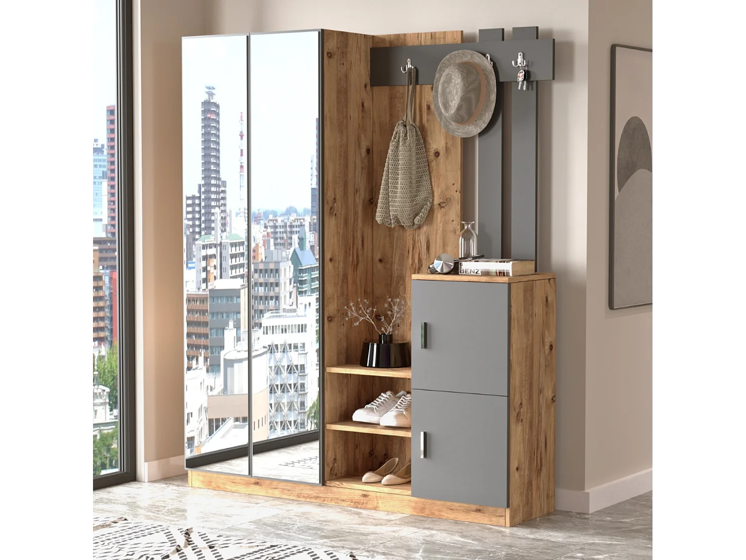 Design Halmeubel Hout en Grijs met Spiegel Anka - Ruime en Elegante Opbergruimte