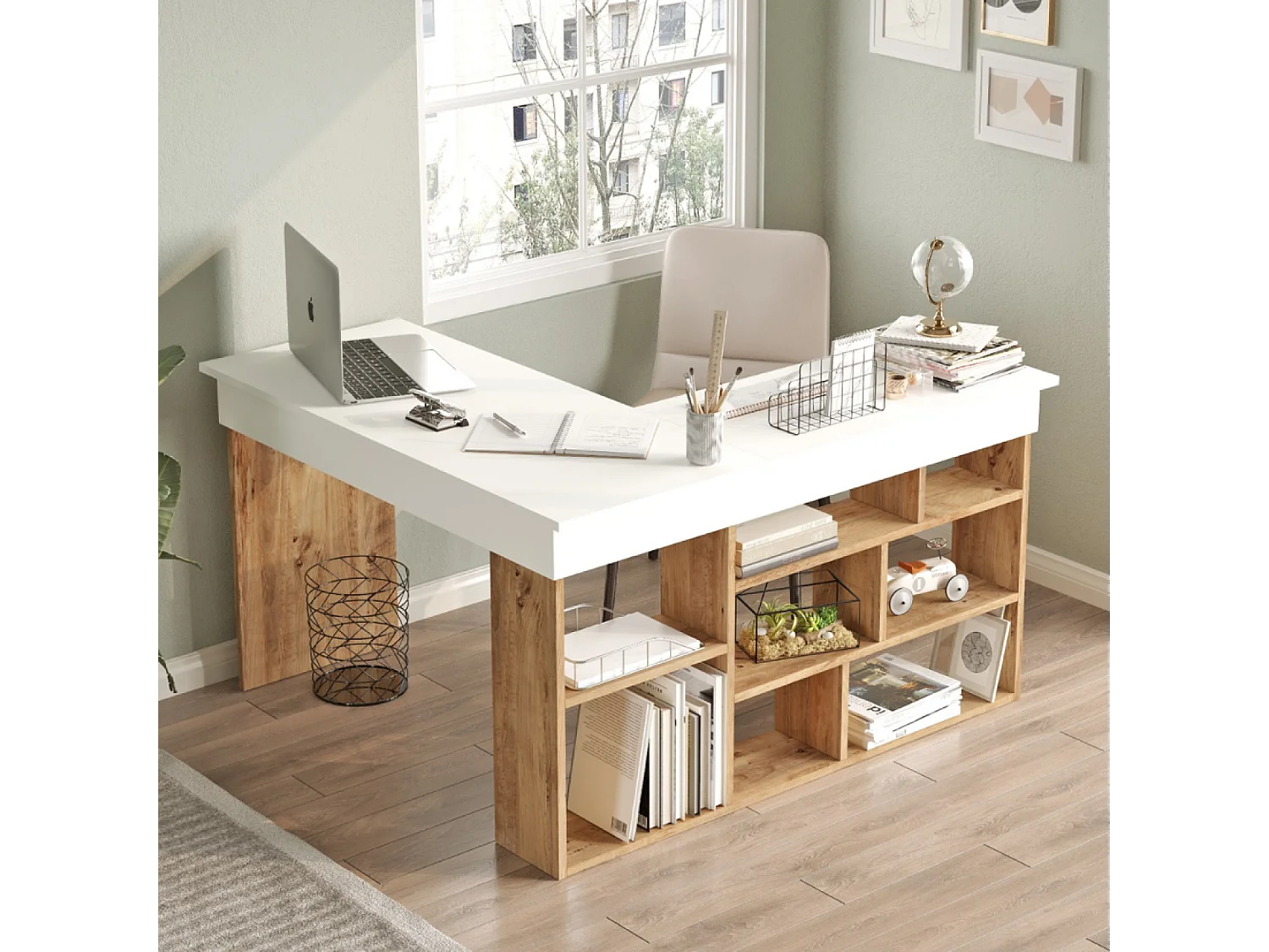 Design hoekbureau met TYO planken in Atlantisch grenen en wit
