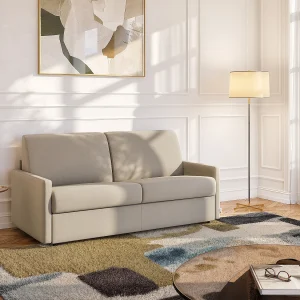 Slaapbank beige stof traagschuim zitting 160 cm brede latten 14 cm CALIFE Slaapbank beige stof traagschuim zitting 160 cm brede latten 14 cm CALIFE