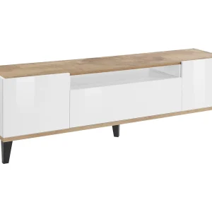 Dfigol TV-meubel, Laag woonkamerdressoir met 2 deuren, TV-meubelbasis, 100% Made in Italy, 160x40h47 cm, Glanzend wit en esdoorn Dfigol TV-meubel, Laag woonkamerdressoir met 2 deuren, TV-meubelbasis, 100% Made in Italy, 160x40h47 cm, Glanzend wit en esdoorn