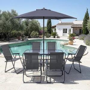Convivia" dining tuinset met metalen parasol – 6 zits – Antracietgrijs