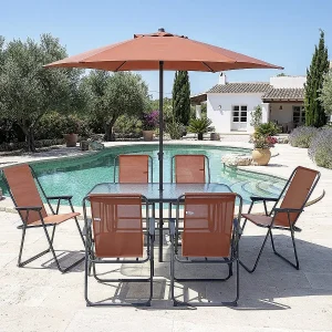 Convivia" dining tuinset met metalen parasol – 6 zits – Terracotta Convivia" dining tuinset met metalen parasol – 6 zits – Terracotta