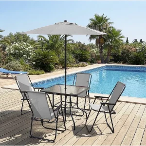 Convivia" dining tuinset met metalen parasol – 4 zits – Lichtgrijs
