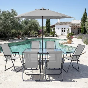 Convivia" dining tuinset met metalen parasol – 6 zits – Lichtgrijs