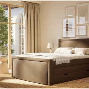 Boxspringbed met hoofdbord + matras + dekmatras – 140×200 cm – bruin – FRESCO