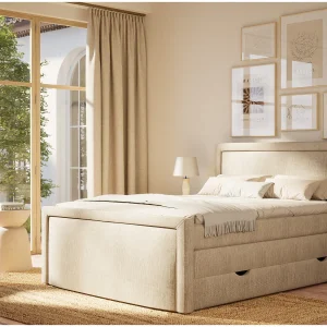Boxspringbed met hoofdbord + matras + dekmatras – 200×200 cm – beige – FRESCO