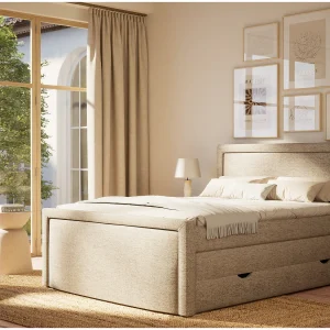 Boxspringbed met hoofdbord + matras + dekmatras – 160×200 cm – lichtbruin – FRESCO