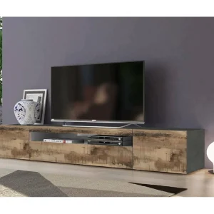 Dmarso TV-meubel, Laag woonkamerdressoir met 3 deuren, TV-meubelbasis, 100% Made in Italy, 200x40h37 cm, Leisteen en Esdoorn, met LED-licht
