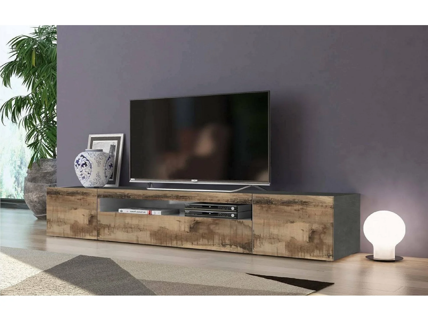 Dmarso TV-meubel, Laag woonkamerdressoir met 3 deuren, TV-meubelbasis, 100% Made in Italy, 200x40h37 cm, Leisteen en Esdoorn, met LED-licht