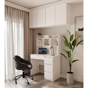 Bureau met 4 lades, verhoogd blad en 4 planken, wit, 146x51x98 cm