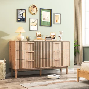 Commode met 6 laden, houten handgrepen en steunpoten, voor hal of woonkamer, houtkleur