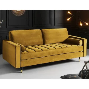 Canapé KOLIRI 3-zits mosterdgeel – Design bank in fluweel met massief houten structuur