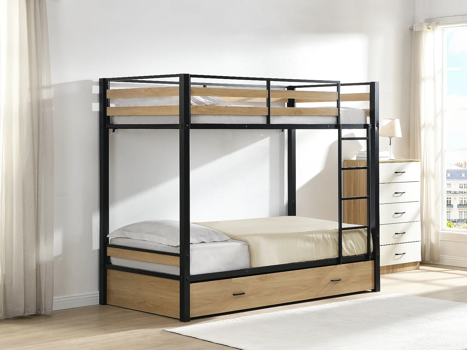 Stapelbed 2 x 90 x 190 cm 1 lade metaal en MDF kleur naturel en zwart - CASIDIA