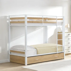 Stapelbed 2 x 90 x 190 cm 1 lade kleur naturel en wit + matras – CASIDIA Stapelbed 2 x 90 x 190 cm 1 lade kleur naturel en wit + matras – CASIDIA