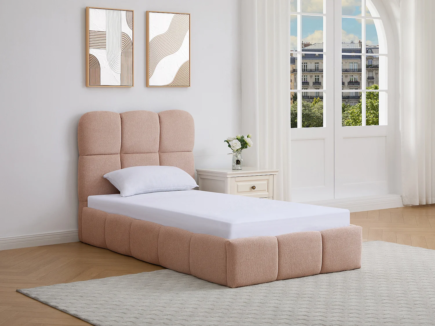 Bedlade 90 x 190 cm in getextureerde stof roze + matras - DILUDO
