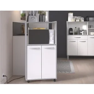 Compacte keukenwagen 60 cm mat wit 2 deuren + nis met plank, magnetronopslag, kunststof poten, Made in France Compacte keukenwagen 60 cm mat wit 2 deuren + nis met plank, magnetronopslag, kunststof poten, Made in France