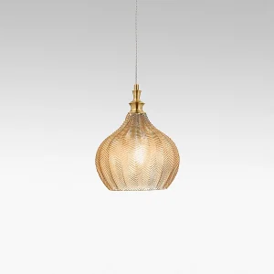 Cleofe – Suspension en verre ambré transparent et laiton – Douille 1XE27, style vintage, 1XE27 max 1X60W, d.23cm, ampoules exclues