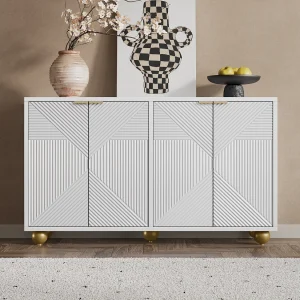 Buffetkast met 4 deuren met sierlijsten – 120 x 35 x 71,5 cm – met verstelbare planken – metalen handgrepen en bolvormige poten – MDF – wit