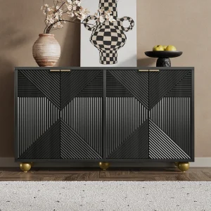 Buffetkast met 4 deuren met sierlijsten – 120 x 35 x 71,5 cm – met verstelbare planken – metalen handgrepen en bolvormige poten – MDF – zwart