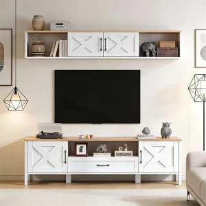 Complete 2-delige woonkamerset – 180 x 40 x 50 cm – tv-meubel + wandvitrine – met deuren + 1 lade – MDF – wit Complete 2-delige woonkamerset – 180 x 40 x 50 cm – tv-meubel + wandvitrine – met deuren + 1 lade – MDF – wit