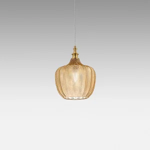 Cleofe – Suspension en verre ambré transparent et laiton – Douille 1XE27, style vintage, 1XE27 max 1X60W, d.24cm, ampoules exclues