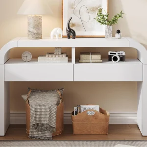 Console tafel 120×35,5×76,5cm – met 2 lades – Afgeronde hoeken – open planken – MDF – Wit Console tafel 120×35,5×76,5cm – met 2 lades – Afgeronde hoeken – open planken – MDF – Wit