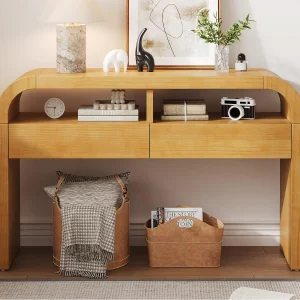 Console tafel 120×35,5×76,5cm – met 2 lades – Afgeronde hoeken – open planken – MDF – Natuur Console tafel 120×35,5×76,5cm – met 2 lades – Afgeronde hoeken – open planken – MDF – Natuur