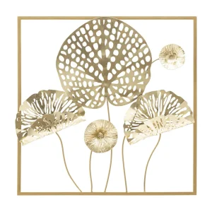 Decoratief 3D-paneel met bloemen en bladeren in goudkleurig metaal, 50x5x50 cm
