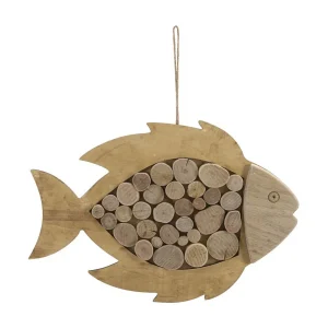 Bruine houten hangvis, 42,5 x 2 x 28,5 cm