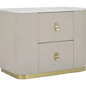 Nachtkastje met 2 lades in hout en beige stof, 60x40x47 cm