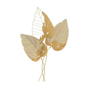 Decoratief 3D-paneel met bladeren in goudkleurig metaal, 53x4x84,5 cm