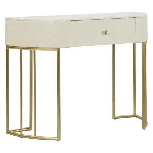Consoletafel in goudkleurig metaal en gewatteerd imitatieleer, crème, 100x40x75 cm Consoletafel in goudkleurig metaal en gewatteerd imitatieleer, crème, 100x40x75 cm
