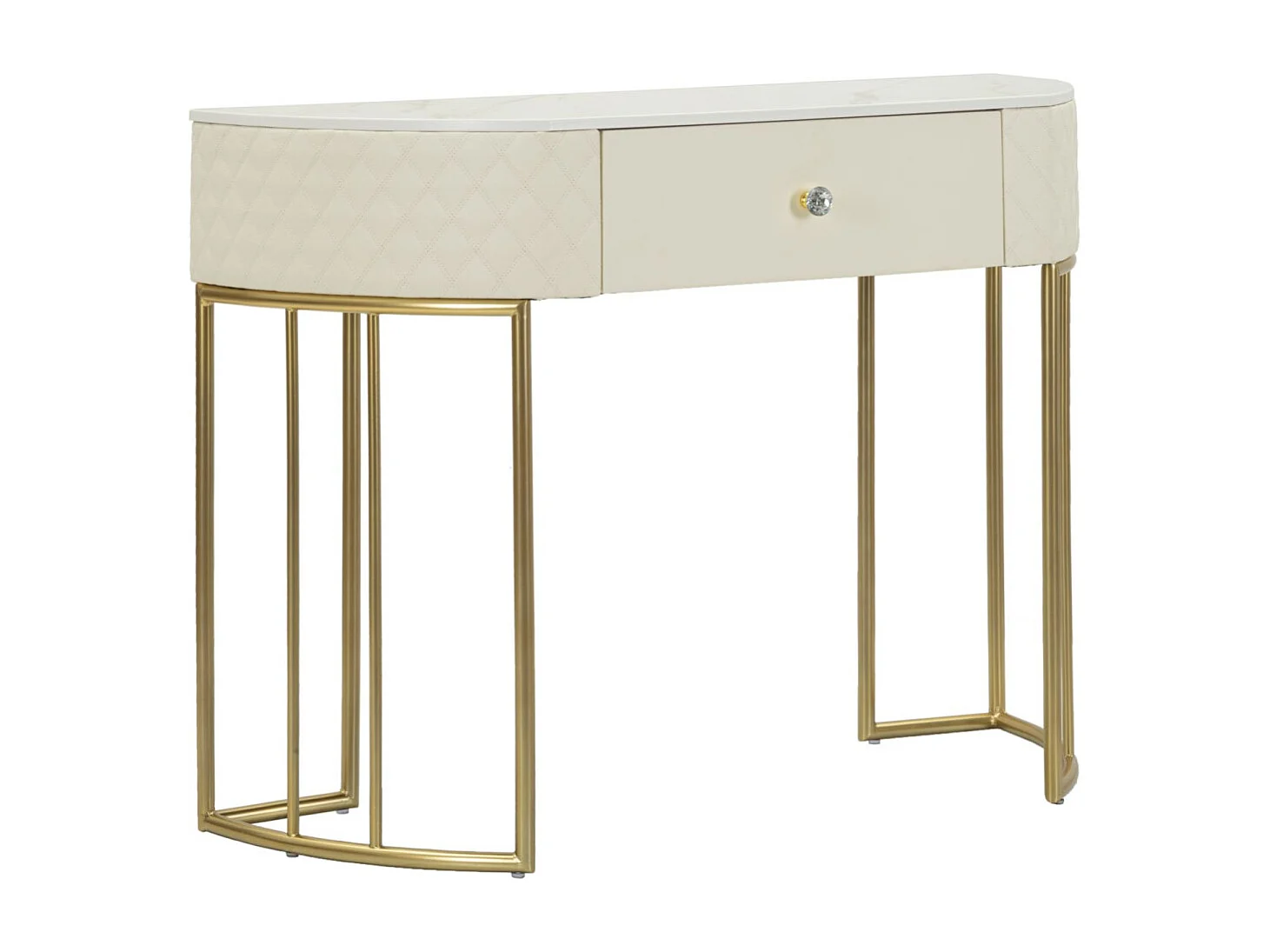 Consoletafel in goudkleurig metaal en gewatteerd imitatieleer, crème, 100x40x75 cm