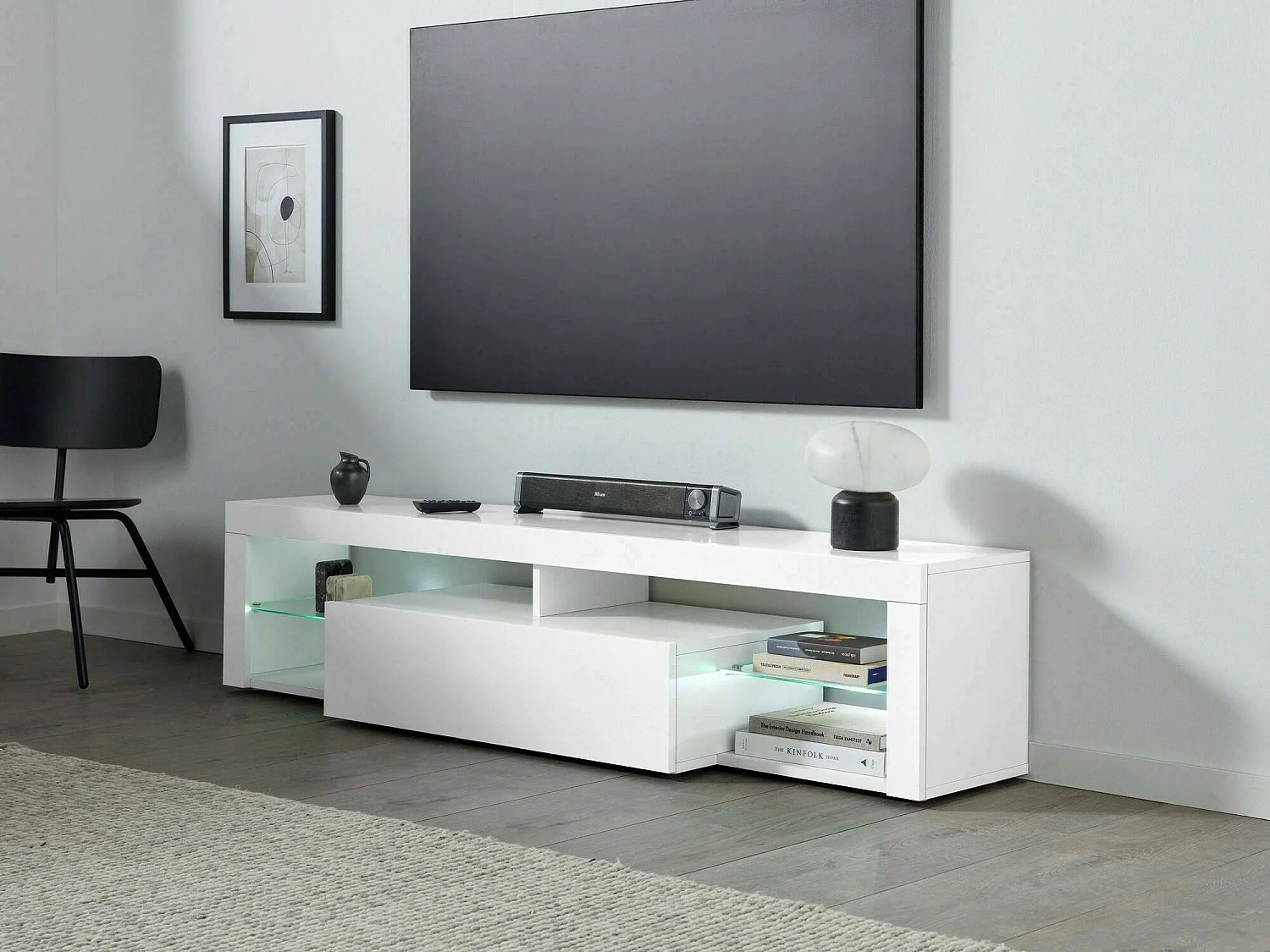 Dcompagno tv-meubel, tv-meubel, laag 1-deurs woonkamer dressoir, 100% Made in Italy, 160x40h35 cm, glanzend wit