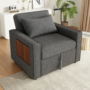 Convertibele fauteuil in grijs corduroy – Eenpersoonsbank met bijzettafel en USB/Type-C-aansluitingen Convertibele fauteuil in grijs corduroy – Eenpersoonsbank met bijzettafel en USB/Type-C-aansluitingen