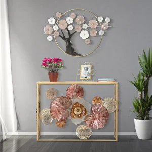 Gouden metalen console met bloem en bladeren 114×41,5×80 cm Gouden metalen console met bloem en bladeren 114×41,5×80 cm