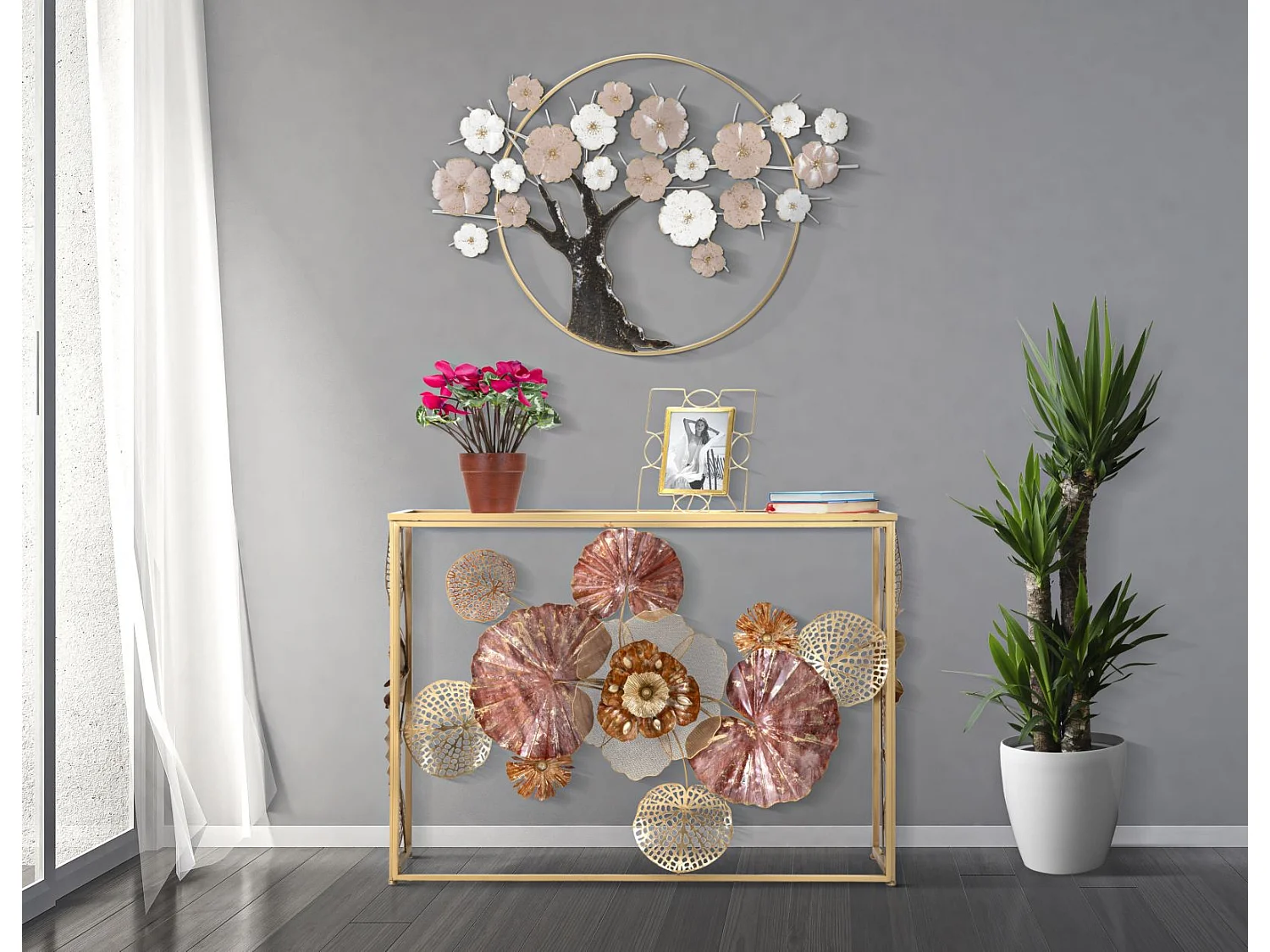 Gouden metalen console met bloem en bladeren 114x41,5x80 cm