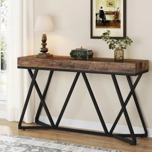 Consoletafel van 140 cm, houten haltafel met uniek metalen onderstel, salontafel, haltafel Consoletafel van 140 cm, houten haltafel met uniek metalen onderstel, salontafel, haltafel