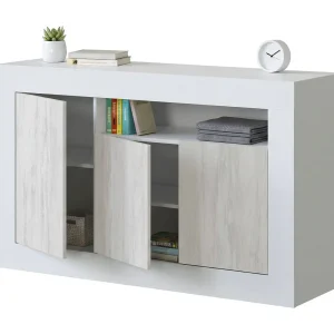 Dmirri dressoir, Modern dressoir met 3 deuren, Woonkamerbuffet met vakken, Woonkamerdressoir, TV-meubel, 144x42h87 cm, Wit Dmirri dressoir, Modern dressoir met 3 deuren, Woonkamerbuffet met vakken, Woonkamerdressoir, TV-meubel, 144x42h87 cm, Wit