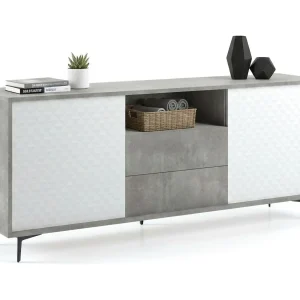 Ddiges Dressoir, Buffetkast met 2 deuren en 2 laden, Elegant woonkamerdressoir, TV-meubel, 100% Made in Italy, 184x45h77 cm, Wit en Cement Ddiges Dressoir, Buffetkast met 2 deuren en 2 laden, Elegant woonkamerdressoir, TV-meubel, 100% Made in Italy, 184x45h77 cm, Wit en Cement