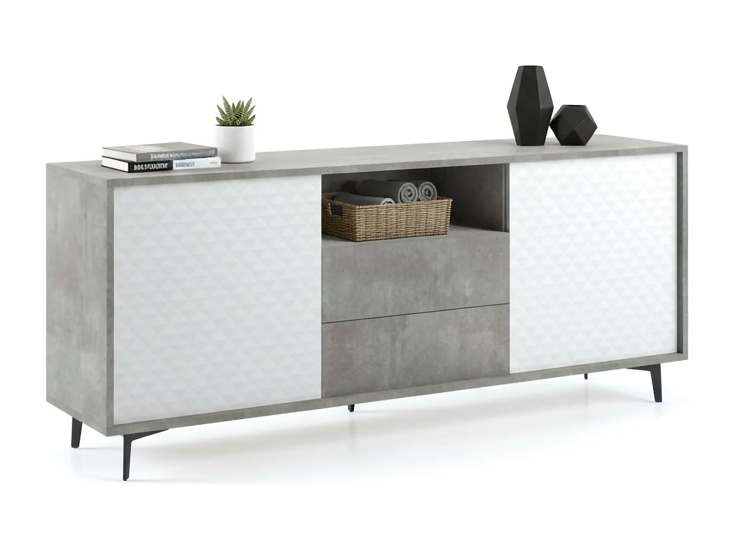 Ddiges Dressoir, Buffetkast met 2 deuren en 2 laden, Elegant woonkamerdressoir, TV-meubel, 100% Made in Italy, 184x45h77 cm, Wit en Cement