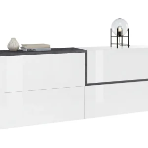 Dgels dressoir, Keukendressoir, Woonkamerbuffet, 100% Made in Italy, 210x40h80 cm, Glanzend wit en leisteen Dgels dressoir, Keukendressoir, Woonkamerbuffet, 100% Made in Italy, 210x40h80 cm, Glanzend wit en leisteen